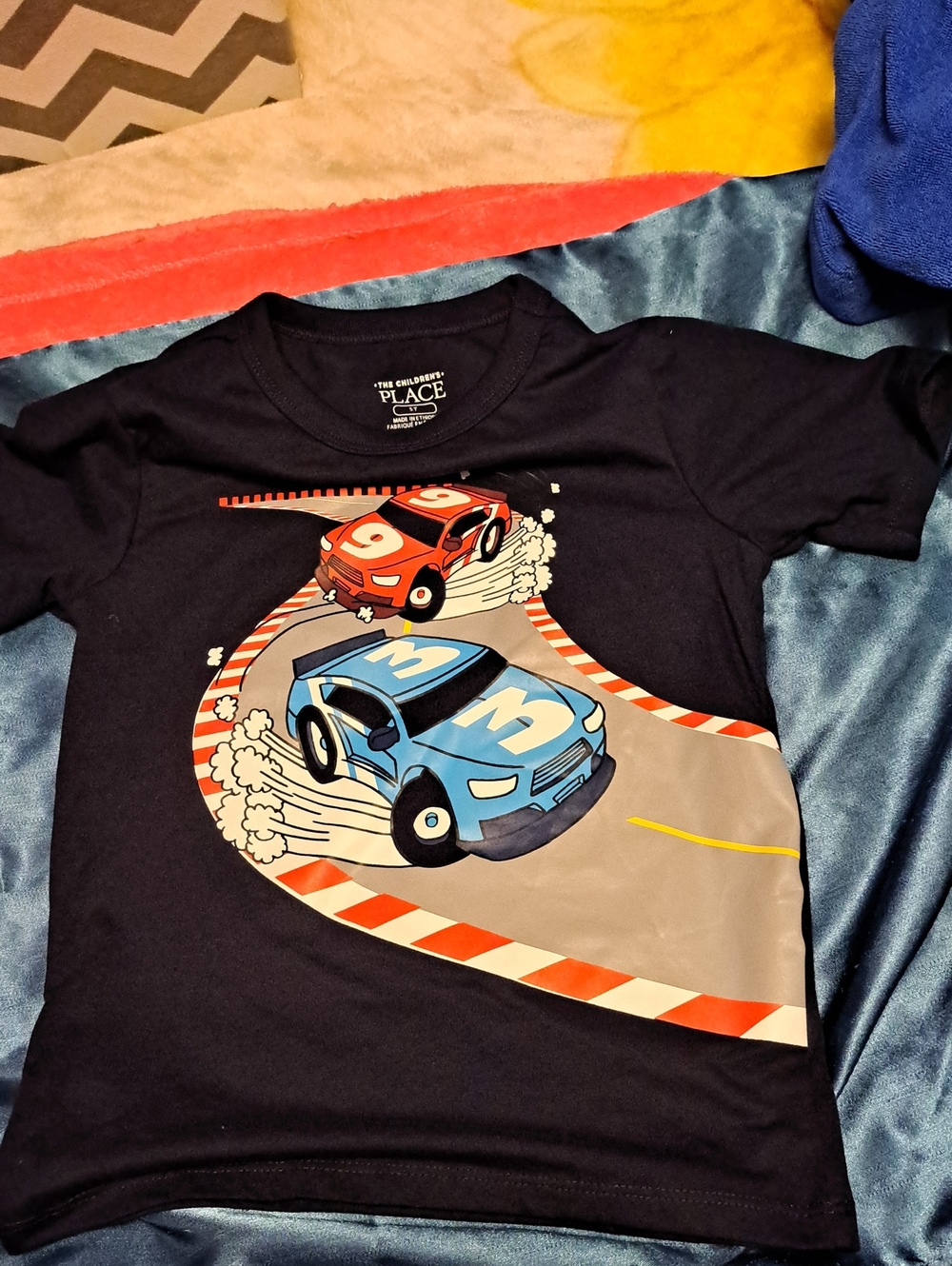 The Children's Place Navy Blue Race Car Tee with Blue and Red Cars NWOT